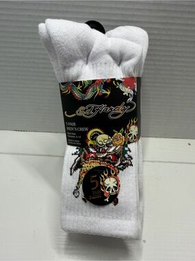 Ed Hardy Men’s 5 Pairs Cushioned Crew Socks Shoe 6-12 Tattoo White Black Skull